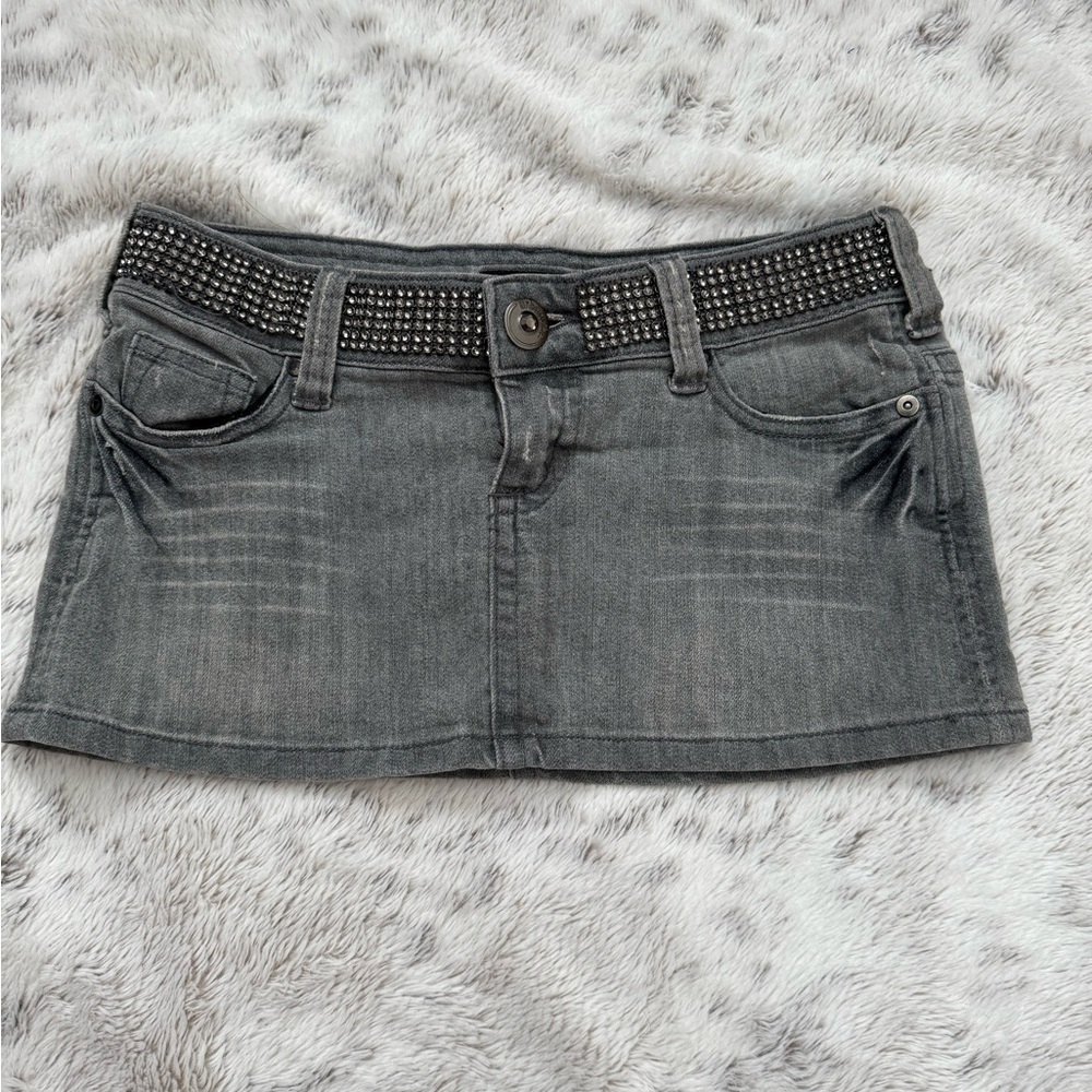 Gray Denim Mini Skirt with Studded Belt